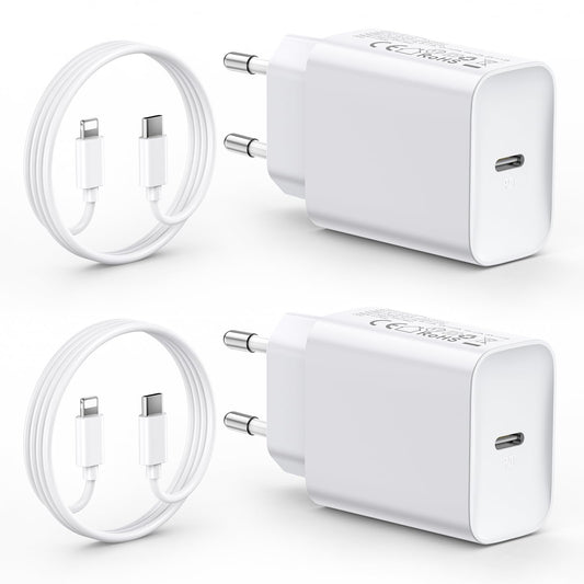 2-Pack charging cables for iPhone 14/14 Plus/14 Pro/14 Pro Max/13/12/11/SE/X/XR/8/7. 30W USB C fast charger with 2M cable, plug adapter, and charger plug.