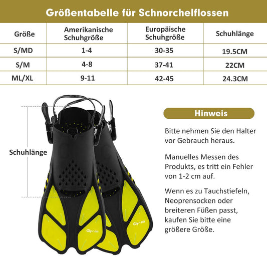 Glymnis Adjustable Swim Fins for Adults and Kids, Short Diving Fins for Diving Swimming Snorkeling (Black/Yellow, S/MD)