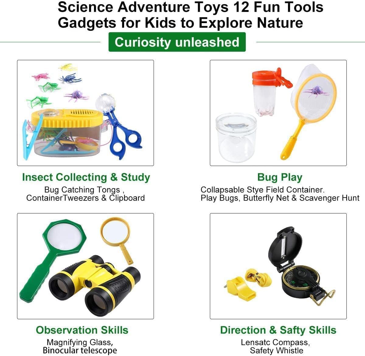 Kizplays® Kids Explorer Kit with Binoculars 22 Piece Set includes Bug Catcher, Compass, Magnifying Glasses, Microscope. Great camping, adventure gift for outdoor play. Ages 3-9.