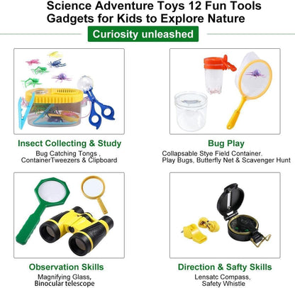 Kizplays® Kids Explorer Kit with Binoculars 22 Piece Set includes Bug Catcher, Compass, Magnifying Glasses, Microscope. Great camping, adventure gift for outdoor play. Ages 3-9.
