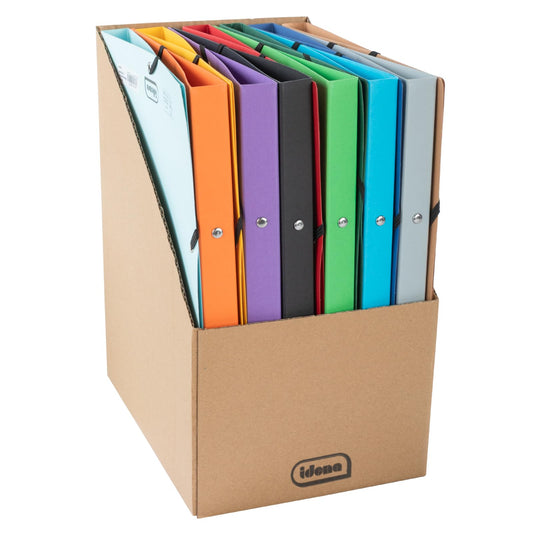 Idena 11097 - Eco cardboard ring binders in DIN A4 size, 12 colorful folders with 20mm spine width and 2-ring mechanism, diagonal rubber band.