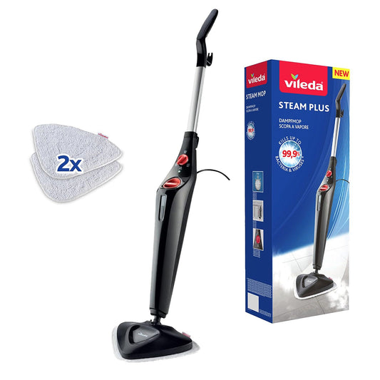 Vileda Steam Plus steam cleaner with 2 microfiber pads | Hygienic floor cleaner for all floors & carpets | Antibacterial without chemicals | Heating time: 15 seconds