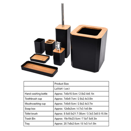 Serlium 7-Piece Bathroom Accessory Set, Bamboo ABS Toothbrush Cup Set, Soap Dispenser Set with Lotion Pump, Trash Can, Toothbrush Holder, Toilet Brush, and Soap Dish for Home Hotel