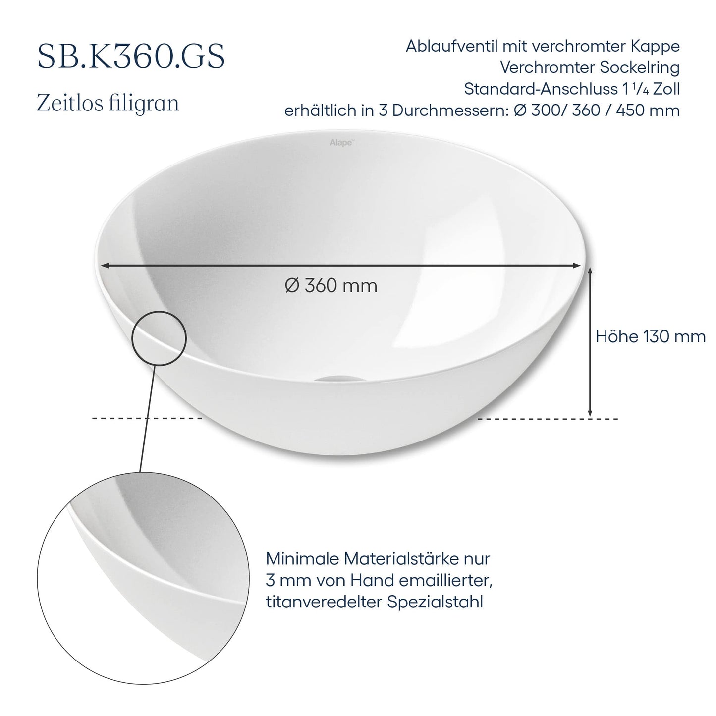 Alape washbasin made of glazed steel in alpine white surface, round, Ø 36cm, height 13 cm, white sink, without faucet hole, without overflow, bowl basin SB.K360.GS.