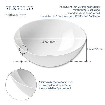 Alape washbasin made of glazed steel in alpine white surface, round, Ø 36cm, height 13 cm, white sink, without faucet hole, without overflow, bowl basin SB.K360.GS.