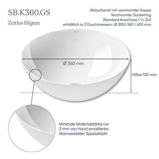 Alape washbasin made of glazed steel in alpine white surface, round, Ø 36cm, height 13 cm, white sink, without faucet hole, without overflow, bowl basin SB.K360.GS.