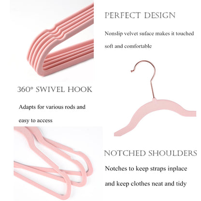 Arekuaei pink velvet hangers, durable, non-slip, space-saving hangers, copper/rose gold, 50 pieces