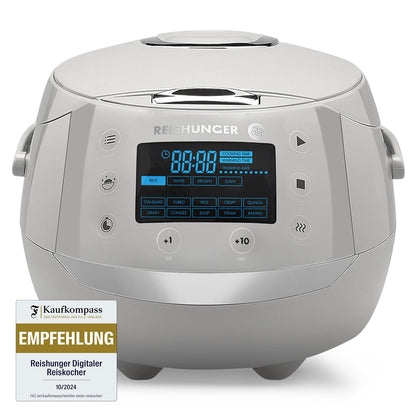 REISHUNGER Digital Rice Cooker & Steamer Gray | 1.5 L for up to 8 persons | Keep warm function, timer & premium inner pot | Multicooker, 12 programs, 7-phase technology