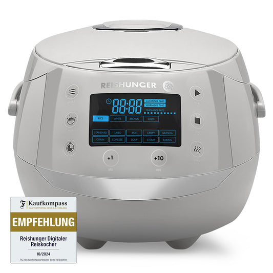 REISHUNGER Digital Rice Cooker & Steamer Gray | 1.5 L for up to 8 persons | Keep warm function, timer & premium inner pot | Multicooker, 12 programs, 7-phase technology