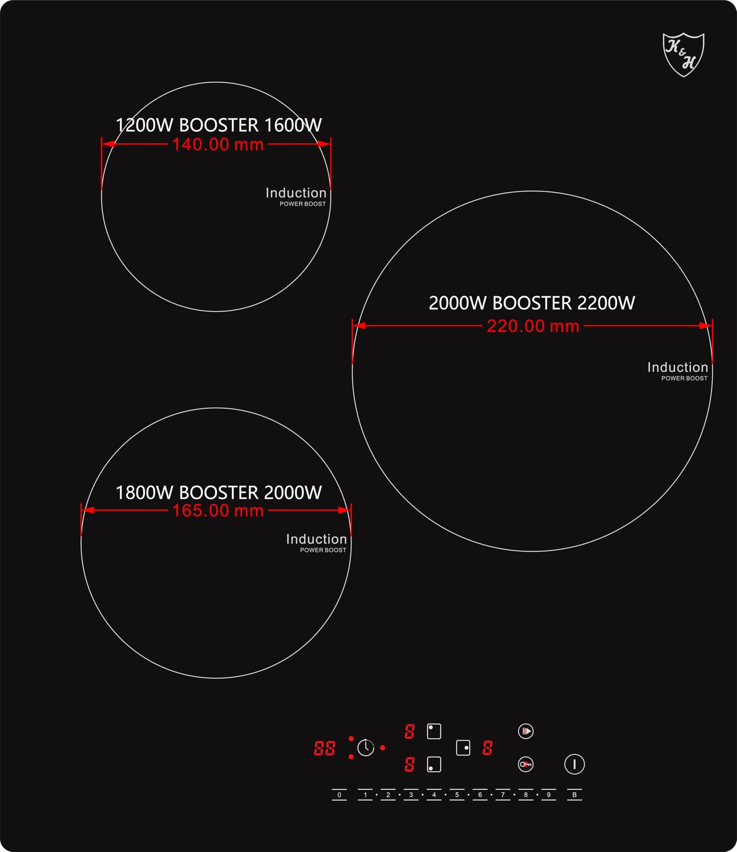 K&H Induction Cooktop 45-IN-5000 [3 ZONES] - Induction Cooking Plate - Induction Hob Plate Sensor Touch Control - Induction Cooktop Standalone for Installation - 5000 Watts - 17 Power Levels (45cm)