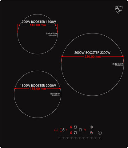 K&H Induction Cooktop 45-IN-5000 [3 ZONES] - Induction Cooking Plate - Induction Hob Plate Sensor Touch Control - Induction Cooktop Standalone for Installation - 5000 Watts - 17 Power Levels (45cm)