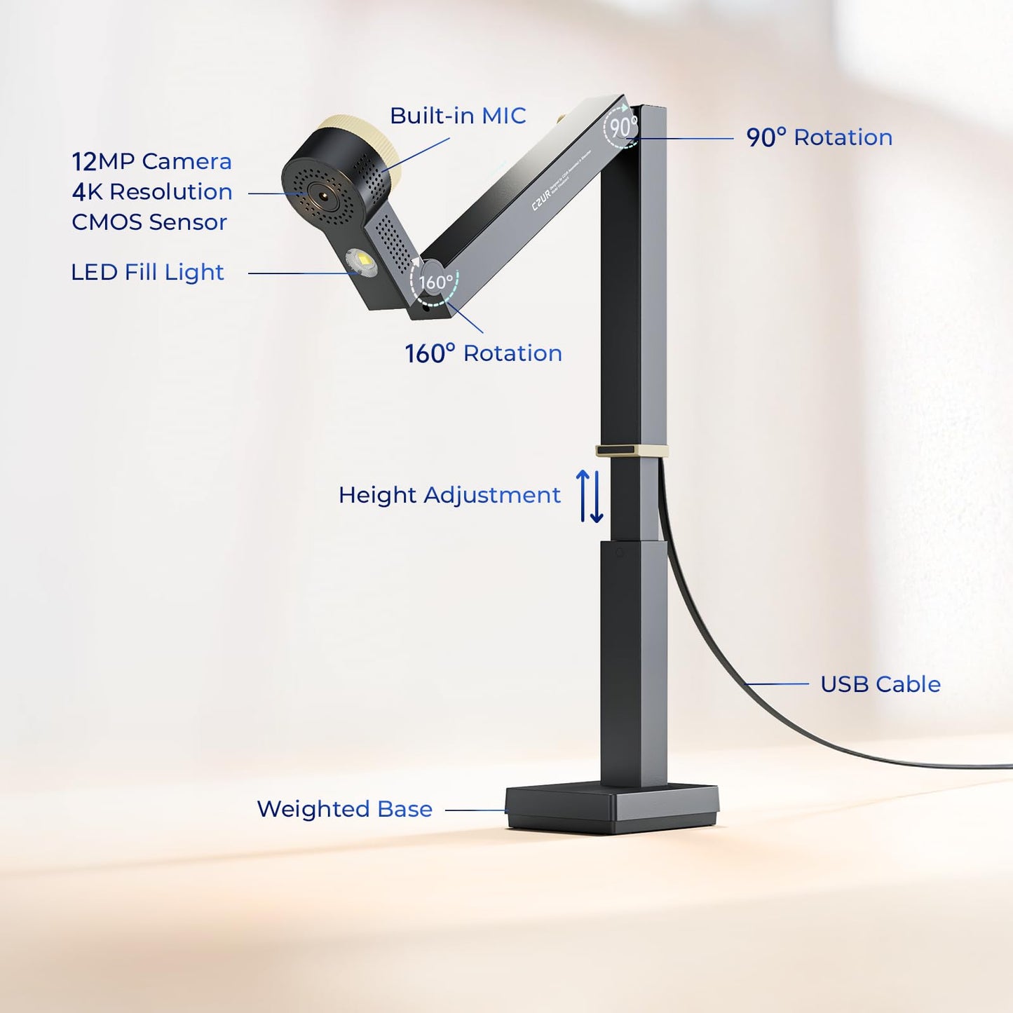 CZUR 12MP USB document camera with 4K resolution, Dual-Auto-Focus, 60FPS, A3 size, LED light, MIC, Rotate, Mirror functions. Foldable visualizer for macOS and Windows. Fancy S Pro.