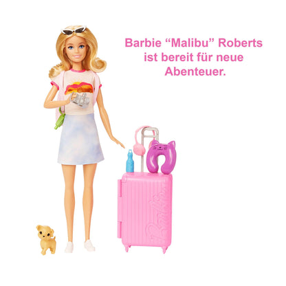 Barbie doll, Barbie Travel with blonde hair, 10+ travel accessories, stickers, suitcase, puppy, includes 1 doll, gift for kids, toy for ages 3+, HJY18