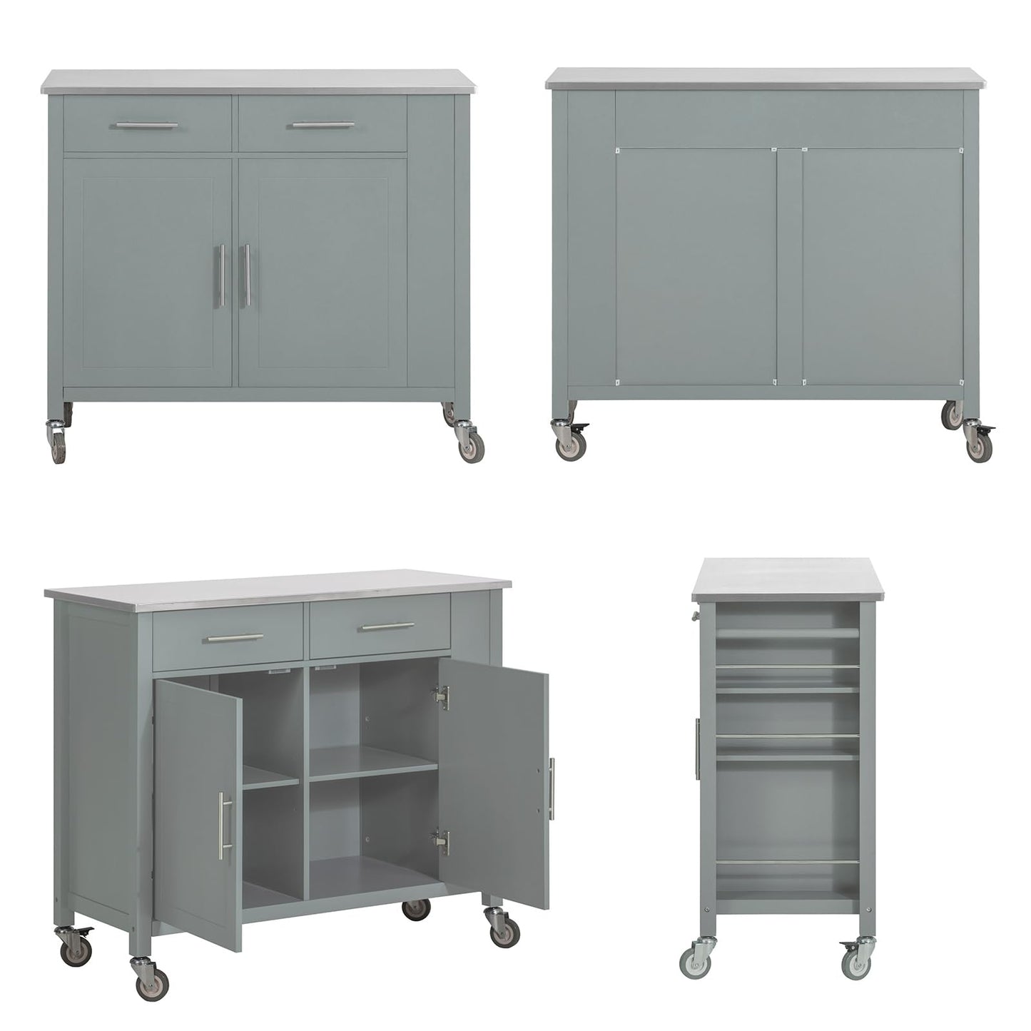 SoBuy kitchen trolley with stainless steel top, rolling cart with side shelf, sideboard, kitchen island, kitchen cabinet & serving cart on wheels, mobile trolley for kitchen organization in gray, 107x94x46 cm FKW108-HG.