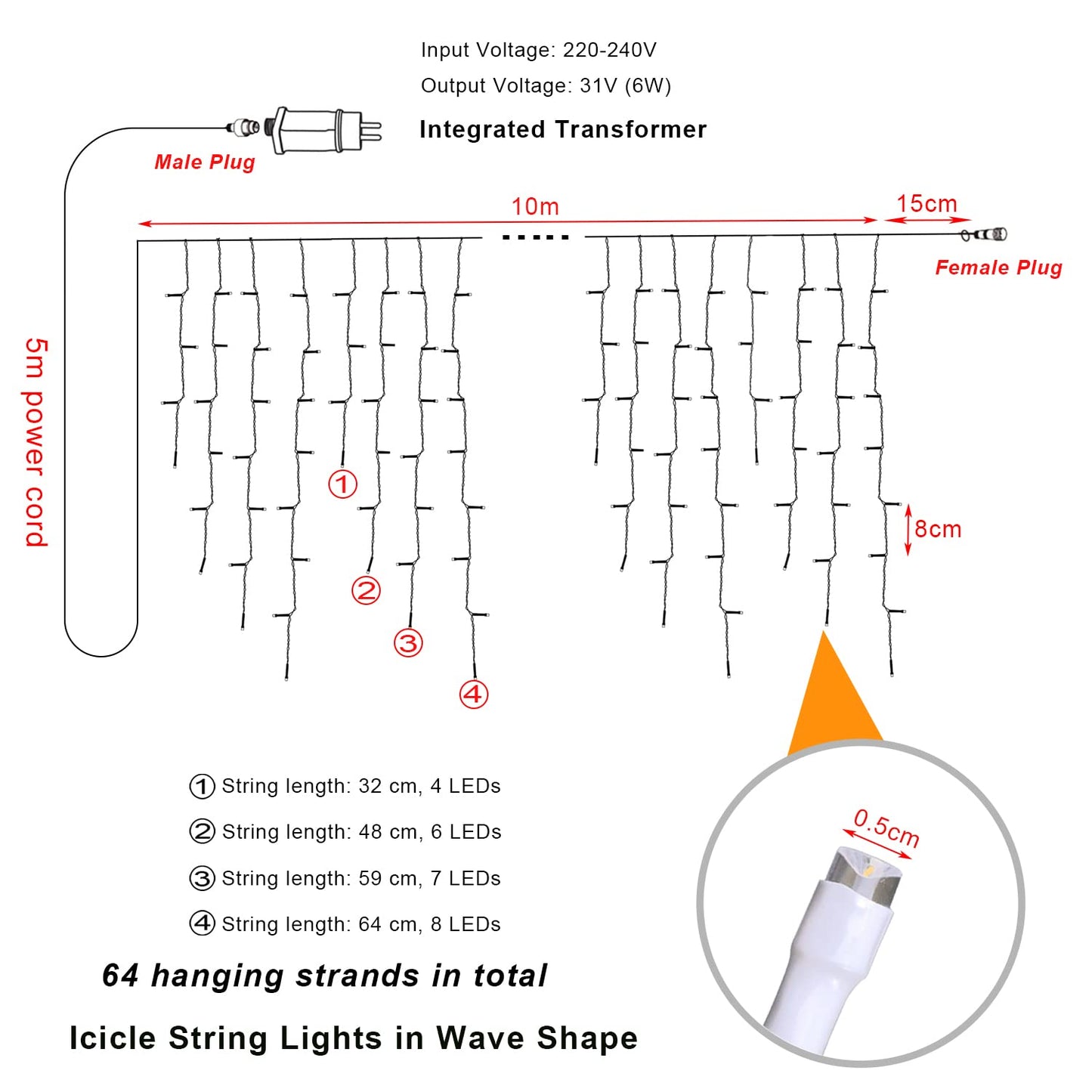 Ice rain fairy lights outdoor 10m 400LEDs light curtain fairy lights with timer + 8 modes + memory function + battery operated, icicle fairy lights decoration for Christmas, wedding, Halloween, warm white