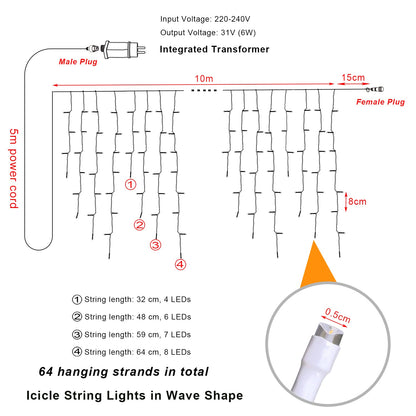 Ice rain fairy lights outdoor 10m 400LEDs light curtain fairy lights with timer + 8 modes + memory function + battery operated, icicle fairy lights decoration for Christmas, wedding, Halloween, warm white