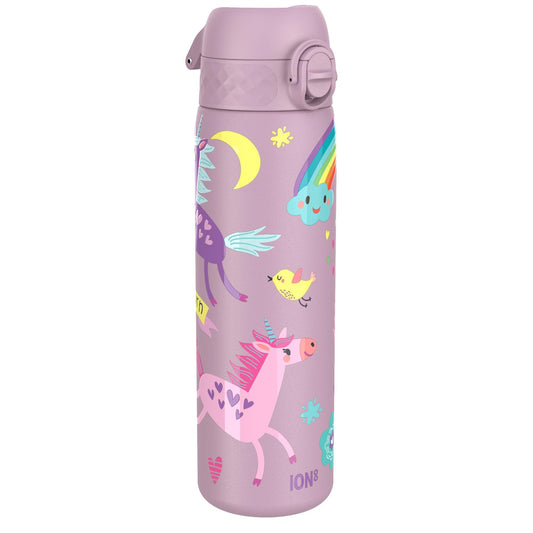 ion8  Lightweight Steel Water Bottle 600ml Non-Insulated Leakproof One-Hand Opening Secure Lock Dishwasher Safe Flip Lid Carrying Handle Easy to Clean, Lilac Unicorn
