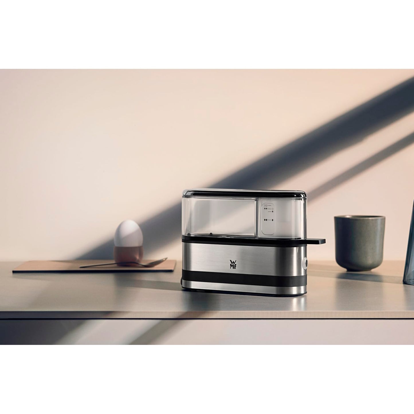 WMF Kitchen Minis 2-Egg Cooker, for boiling 2 eggs, with egg pick, BPA-free Tritan, 250 W, Cromargan brushed stainless steel