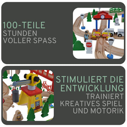 Bandits & Angels Wooden Train Set 100 pieces with base plate for ages 3 and up for boys and girls - Wooden train set with 100 pieces - includes 2 trains and base plate - train set for kids