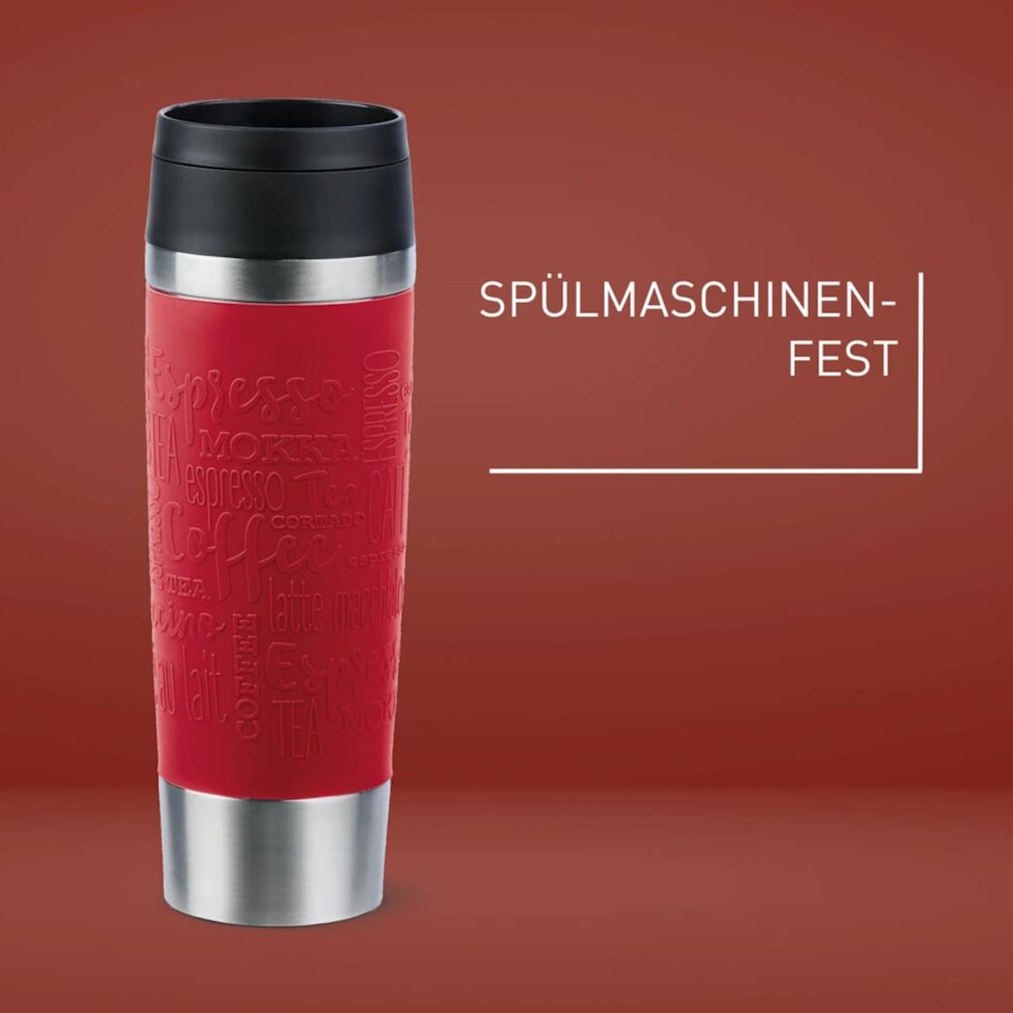 Emsa N20222 Travel Mug Classic insulated mug 0.5 liters, new comfort screw cap, stainless steel, keeps hot for 6h and cold for 12h, 100% leak-proof, dishwasher safe, 360° drinking opening, Dark Red