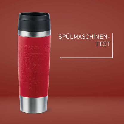 Emsa N20222 Travel Mug Classic insulated mug 0.5 liters, new comfort screw cap, stainless steel, keeps hot for 6h and cold for 12h, 100% leak-proof, dishwasher safe, 360° drinking opening, Dark Red
