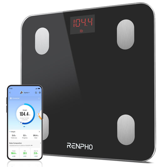 RENPHO digital bathroom scale with app for 180 kg, scale for body fat and muscle mass with 13 measurements, Bluetooth body fat scale for babies and pregnant women, black