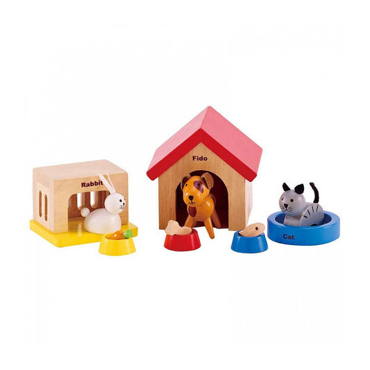 Hape wooden pet set for dollhouses, featuring cheerful animal friends like a dog, cat, and rabbit, along with accessories. Perfect addition for family playtime.