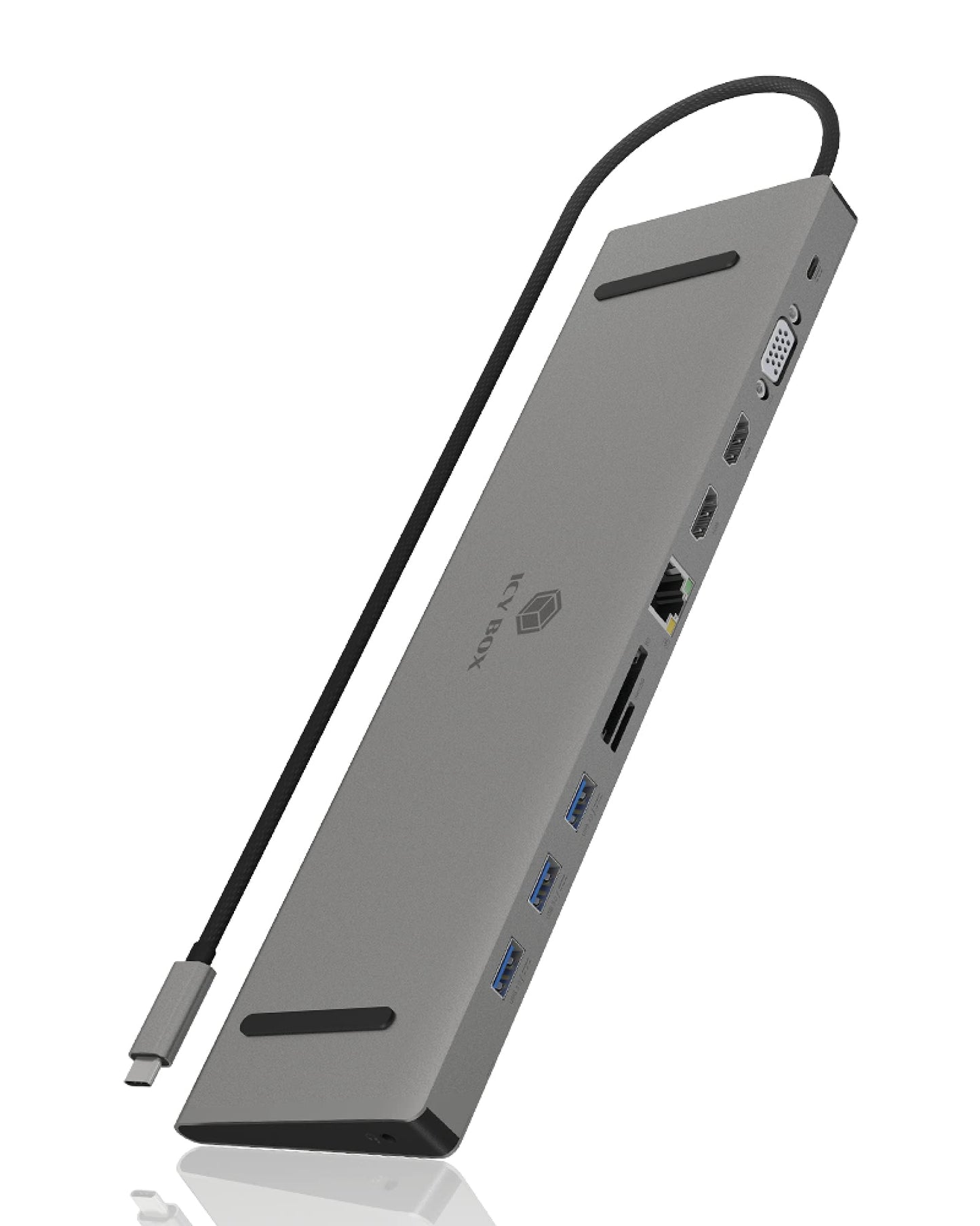 ICY BOX USB-C Docking Station (11-in-1) for 2 monitors (2x HDMI & 1x VGA), 4K 30Hz, 3x USB 3.0 HUB, 100W Power Delivery, Gigabit Ethernet, card reader, Gray, IB-DK2106-C
