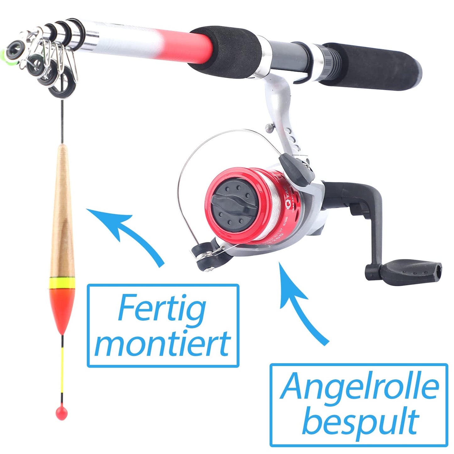 Q-Tac - Kids fishing combo [Pre-assembled & reel spooled] Telescopic fishing rod 165 cm, child's fishing rod ready to use, complete fishing set (Red)