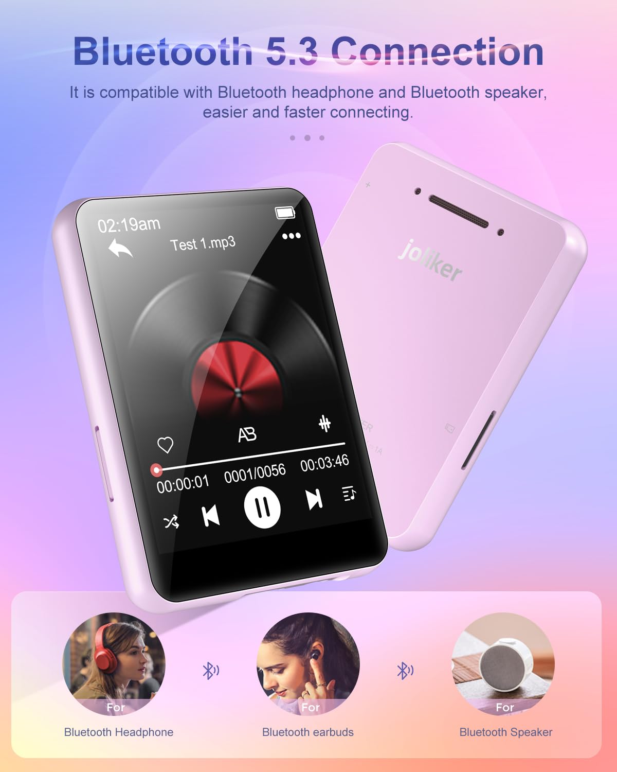 64GB MP3 player with Bluetooth 5.3, portable HiFi sound, 2.4-inch full touchscreen, built-in HD speaker, FM radio, voice recorder, E-book, includes headphones, up to 128GB TF card.