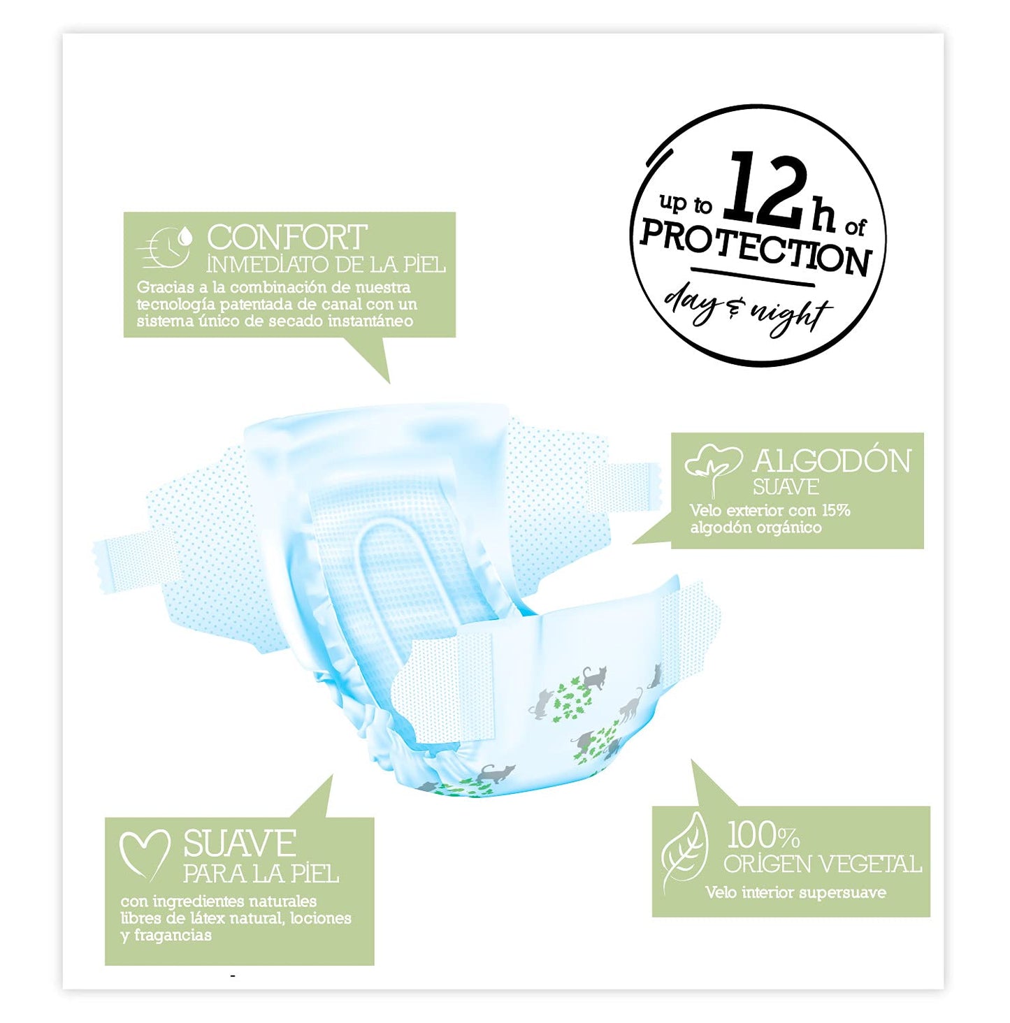 Moltex Pure & Nature 200 white Eco diapers with printed design, Size 4 (9-15 kg), 4 bags of 50 pieces.