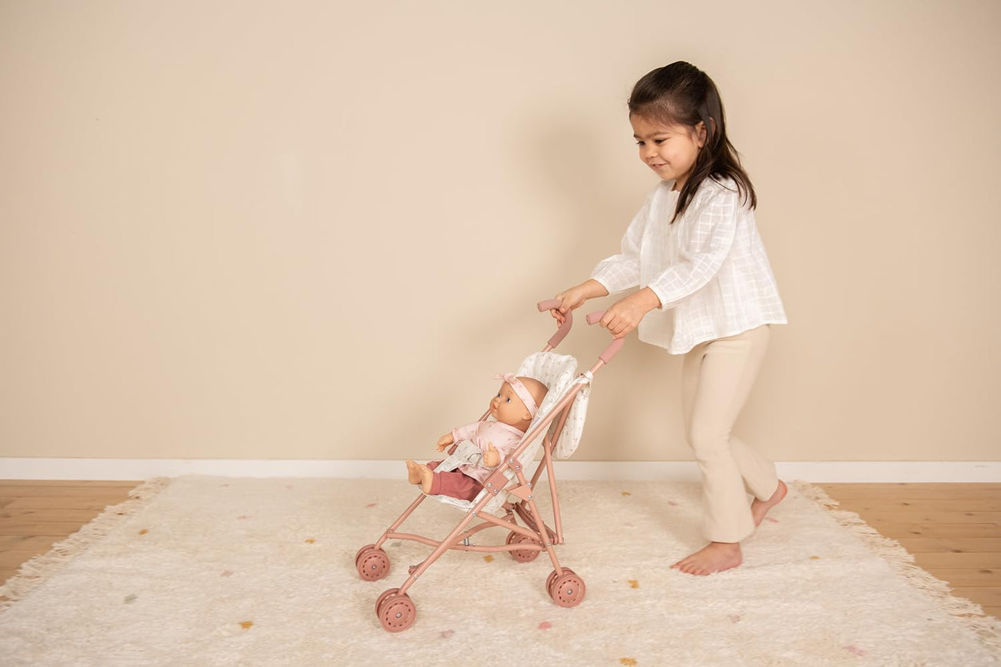Little Dutch 4584 foldable metal doll buggy with soft handles and buggy bag - for dolls 33-46 cm, White Meadows/pink