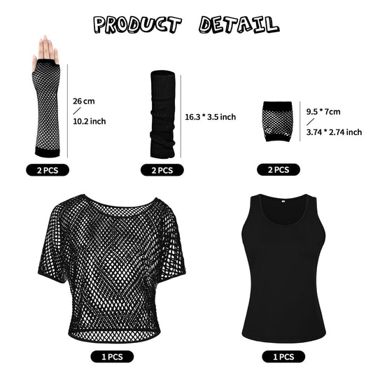 WILDPARTY 80s 90s Outfit Women, Mesh shirt, Tank top, Leg warmers, Fishnet gloves, 80s Costume Mesh Top Women Tops Neon Shirt 80s Aerobic Outfit Clothing Theme Party Clothes