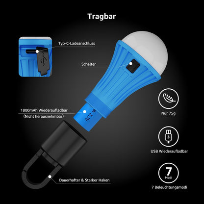 Rechargeable camping lamp, Lepro camping accessory tent lamp bulb emergency light, 7 lighting modes, 2 pieces for camping adventure fishing garage emergency power outage