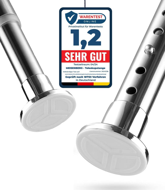 MEISENBERG Shower Curtain Rod without drilling 160-210cm, Silver, Ø 25 mm, Telescopic Curtain Rod Clips - Telescopic Rod for windows, showers and partitions.