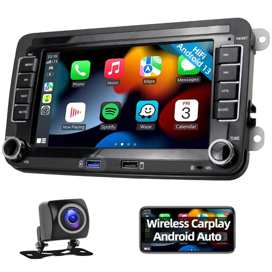 Podofo car radio for VW Golf 5 6 Polo Seat Skoda Passat B6 radio with wireless Apple CarPlay Android Auto Android 7 inch car radio with screen Bluetooth/HiFi/WLAN/GPS/RDS radio + backup camera.