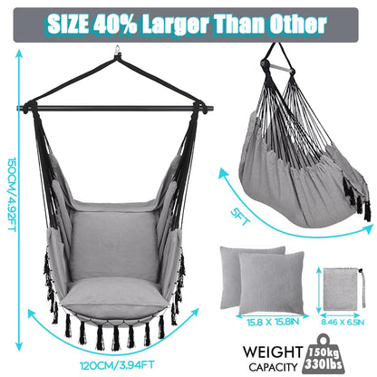 Outdoor & indoor hanging swing chair with 2 pillows & bag, XXL hanging chair for kids & adults up to 330 lbs, hammock swing for living room, bedroom, garden, terrace.