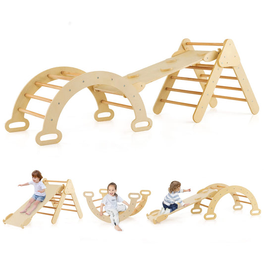 COSTWAY Climbing Triangle with Slide, Climbing Arch, including double-sided ramp, for climbing, sliding, and rocking, 4 in 1 climbing frame Indoor from 1 year (wood color)
