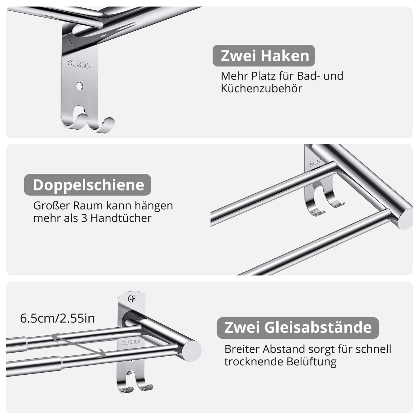 TANiCE 40-70cm double towel bar adjustable stainless steel self-adhesive towel rack wall mounted bath towel holder bracket wall for bathroom