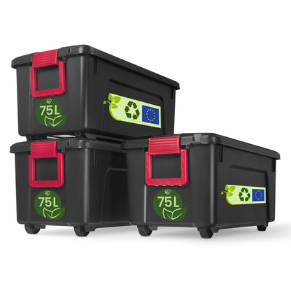 Iris Ohyama, Large Plastic Storage Box, 75L Garage Storage Box, Set of 3, SIA-75, Black, Stackable, Snap Locks - W78 x D39.5 x H35 cm
