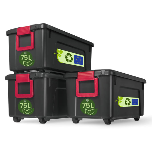 Iris Ohyama, Large Plastic Storage Box, 75L Garage Storage Box, Set of 3, SIA-75, Black, Stackable, Snap Locks - W78 x D39.5 x H35 cm