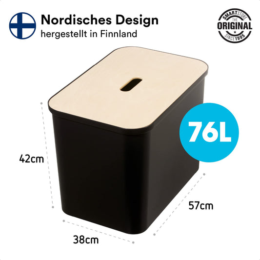 SmartStore Recycling Trash Can - 76L large kitchen bin with wooden lid, 3 x 13L bucket inserts, 2 x small lids - sturdy recycling bins for the kitchen - black kitchen bin (L x W x H) 57 x