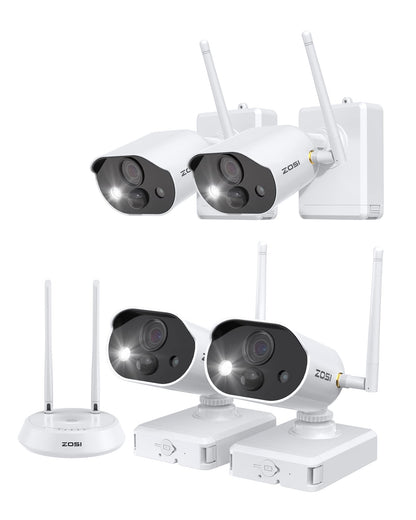 ZOSI 2K 3MP Wireless Outdoor Battery Surveillance Camera Set, 4X 3MP WiFi Cameras Battery Operated with Base Station 32GB Card, Spotlight, 2-Way Audio, Person Detection, C309