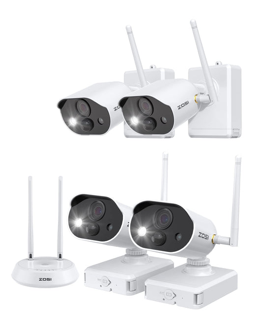 ZOSI 2K 3MP Wireless Outdoor Battery Surveillance Camera Set, 4X 3MP WiFi Cameras Battery Operated with Base Station 32GB Card, Spotlight, 2-Way Audio, Person Detection, C309