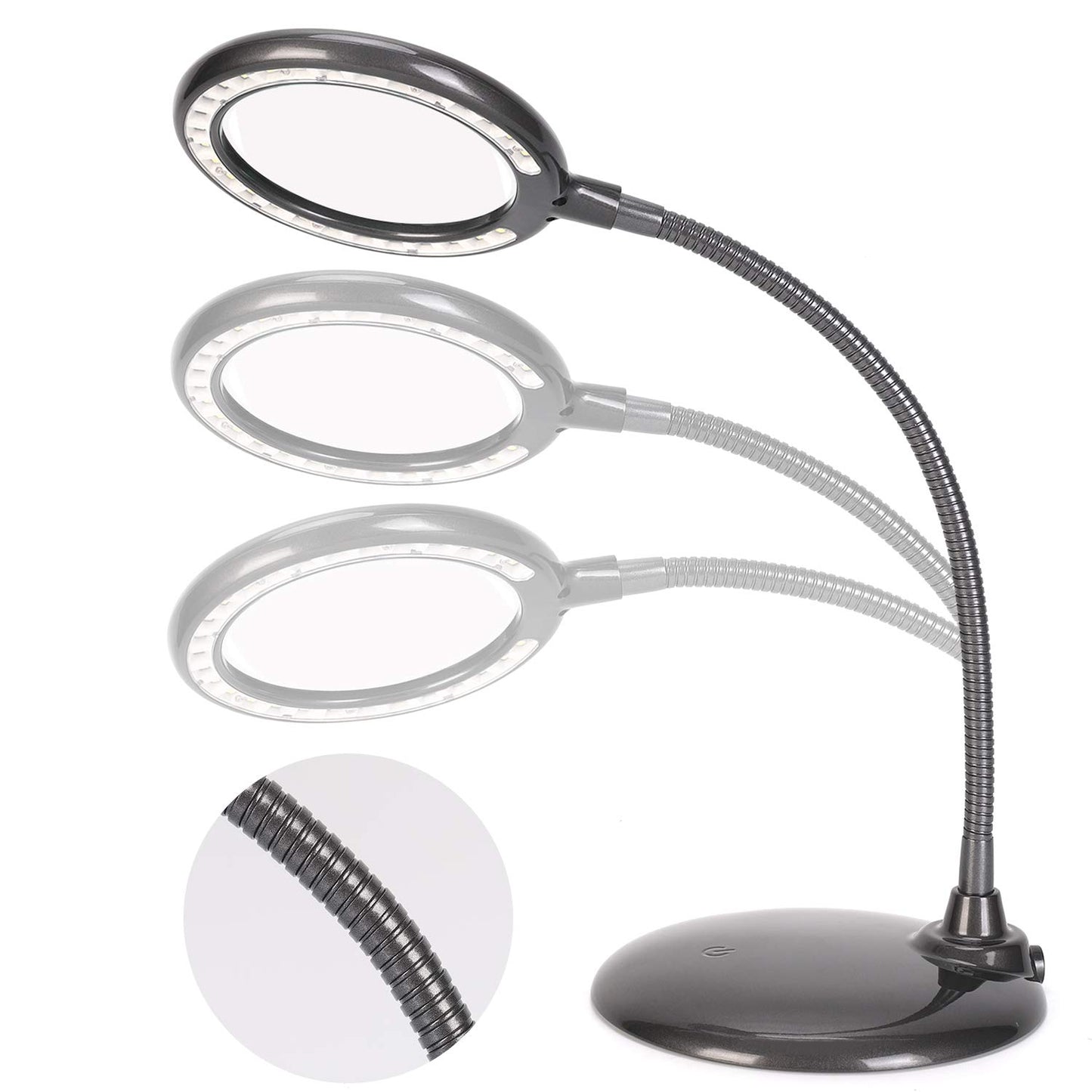 Raweao 5X magnifying glass with light and stand battery, rechargeable LED magnifying lamp, LED magnifying lamp with base, desk lamp with magnifying glass for reading, sewing, jewelers, model building (black)