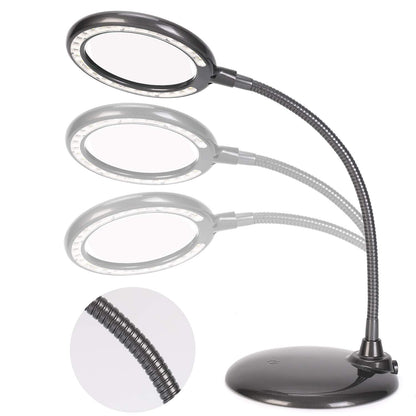 Raweao 5X magnifying glass with light and stand battery, rechargeable LED magnifying lamp, LED magnifying lamp with base, desk lamp with magnifying glass for reading, sewing, jewelers, model building (black)