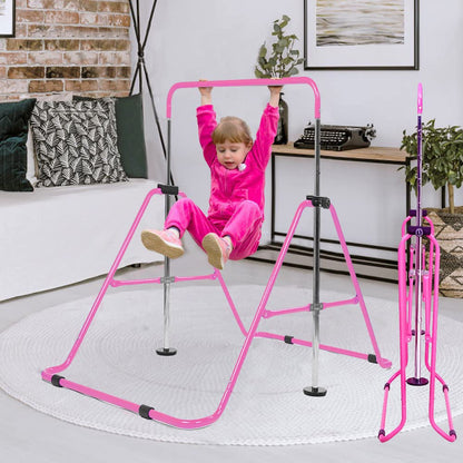 FINGER TEN Gymnastics Horizontal Kip Bar for Kids, Foldable 4 Height Adjustable Training Bars for Indoor/Outdoor Home Gymnastics (Pink)