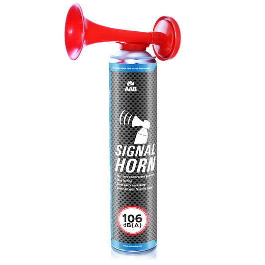 AAB Signal Horn - Loud air pressure horn 106 dB(A), football fan item with non-flammable gas, up to 320 short beeps, fanfare, crowd horn, stadium signal horn, air pressure horn, air horn.