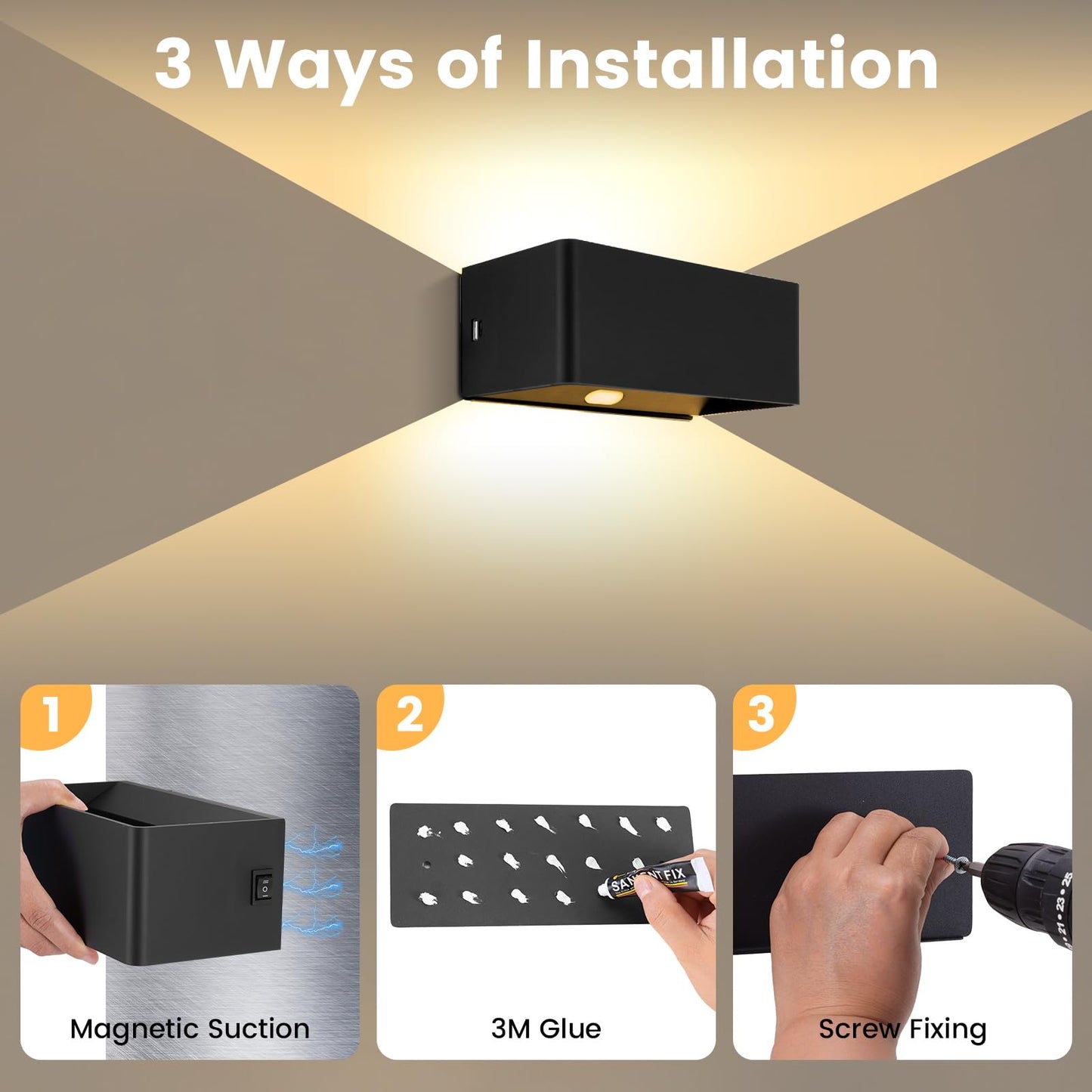 Wireless battery wall light with motion sensor, USB-C rechargeable battery wall lamp with timing function, 6W LED dimmable wall light with remote control, indoor wall lighting with switch, black.