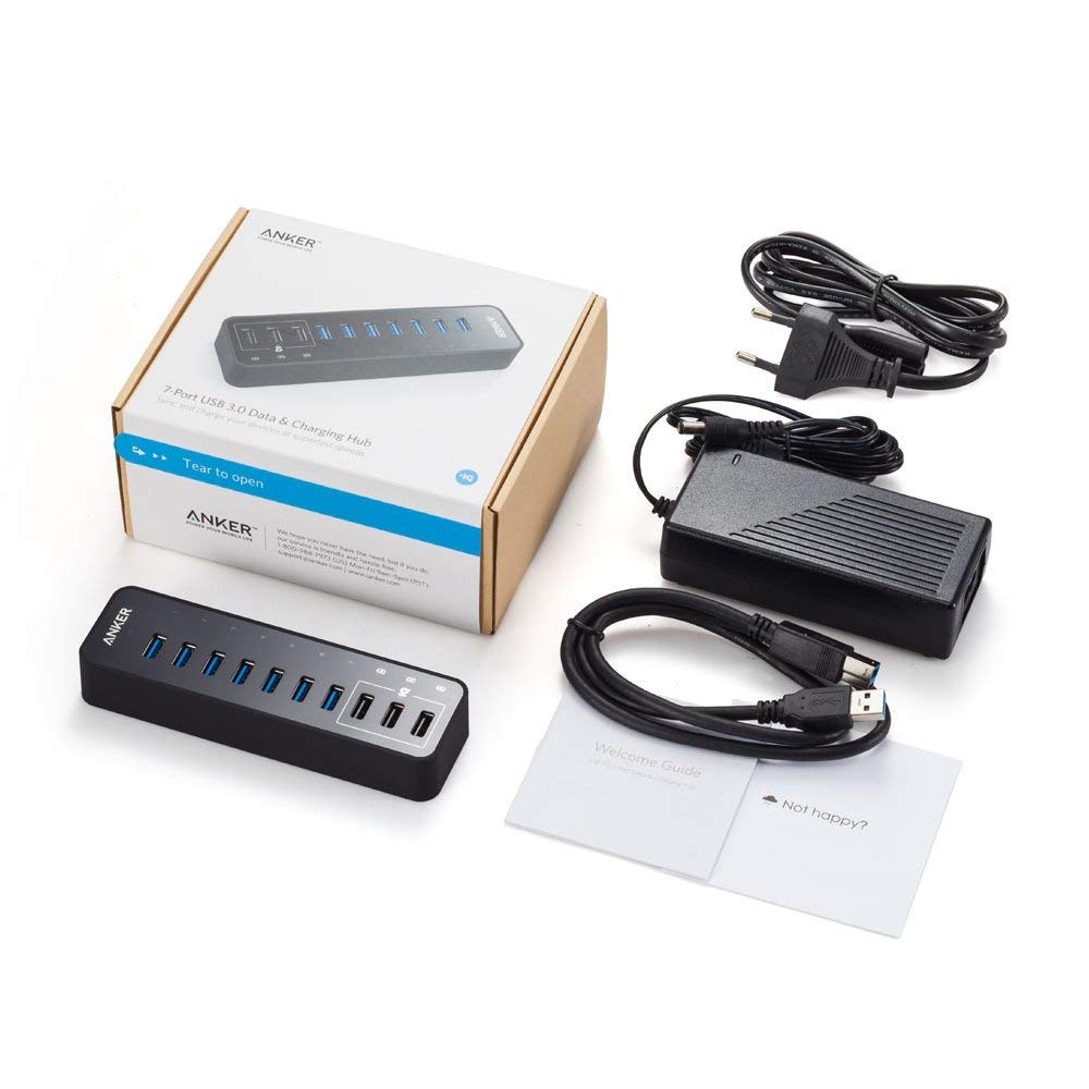Anchor 10 Port 60W Data Hub USB 3.0 7-Port with 3 PowerIQ charging ports, compatible with MacBook, Mac Pro/Mini, iMac, XPS, Surface Pro, iPhone 7, 6s Plus, iPad Air 2, Galaxy Series, Mobile HDD, and more.